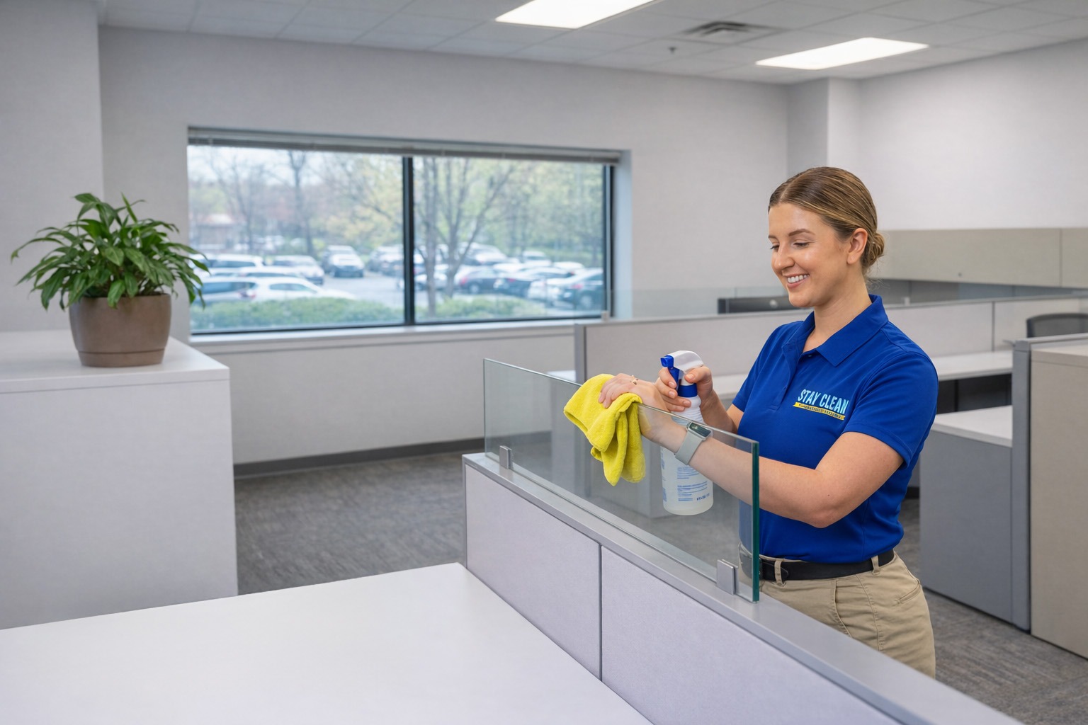 Stay Clean employee disinfecting an office workstation partition