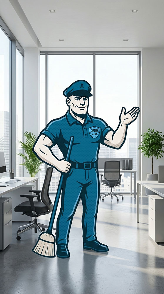 Captain Clean, the Stay Clean Solutions mascot, standing in a modern office